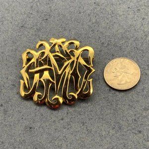 C M Lient Monogram Brooch Pin As Is Scrollwork Gold Shiny Initials